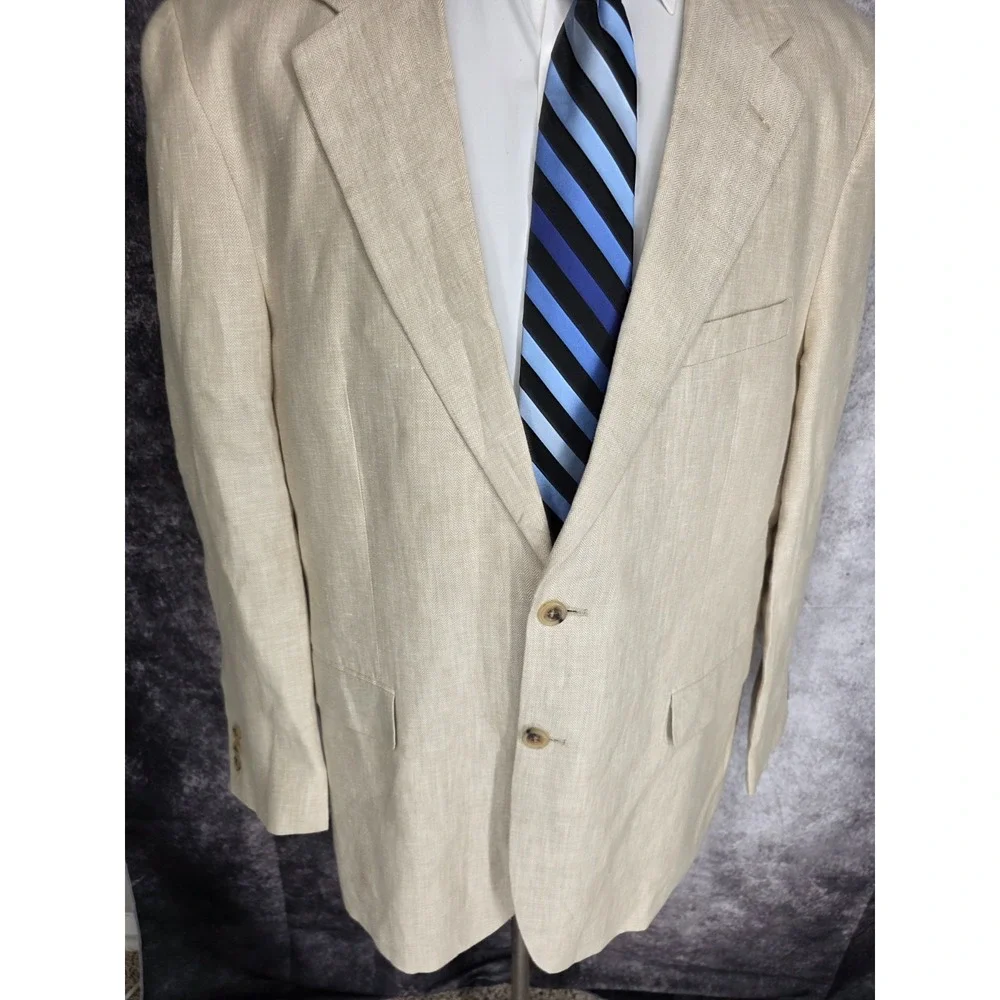 Alan Flusser Blazer Mens 44R Beige Herringbone Sports Coat‎ Jacket 2 Buttons *